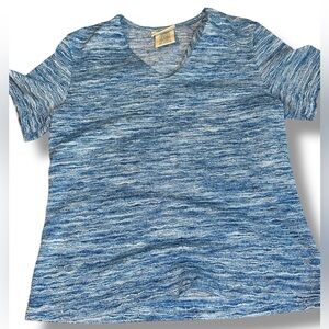 Vintage Knit Top Blue Wave Pattern Short Sleeve V Neck T-Shirt Size L